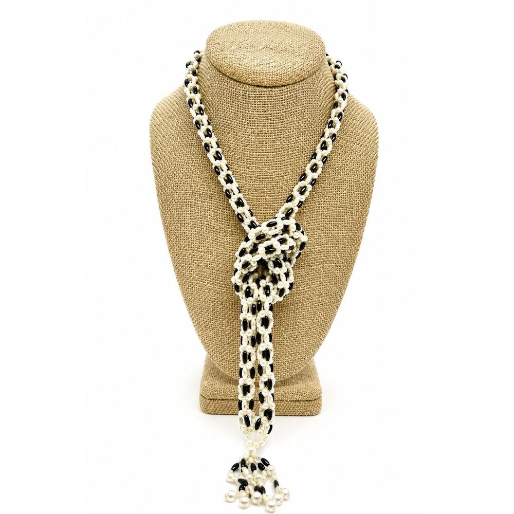 VINTAGE BEADED NECKLACE Black White Faux Pearl Rope Lariat Tassel Opera